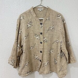 Focus USA 100% Linen Blouse Top Sz L Button up 3/4 Sleeve Floral
